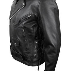 Men's Side Laces Belted Motorcycle Genuine Leather Jacket