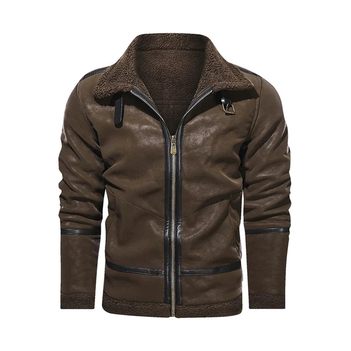 Mens Brown Classic Genuine Leather Jacket With Strap On Collar
