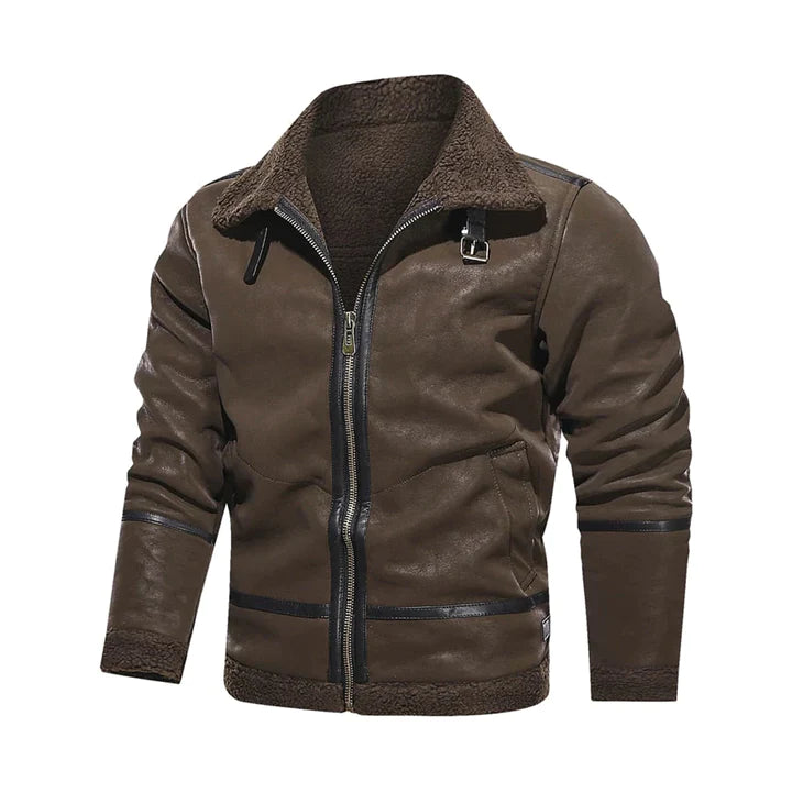Mens Brown Classic Genuine Leather Jacket With Strap On Collar