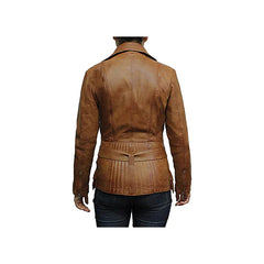 Women's Brown Belted Front Zip Designer Moto Jacket