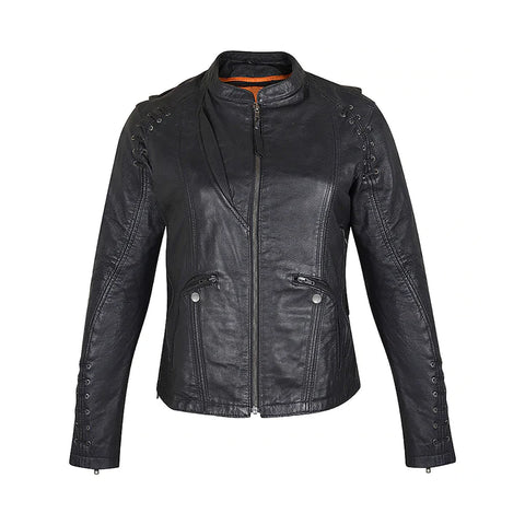 Women's Full Zip With Lace Style Genuine Leather Jacket