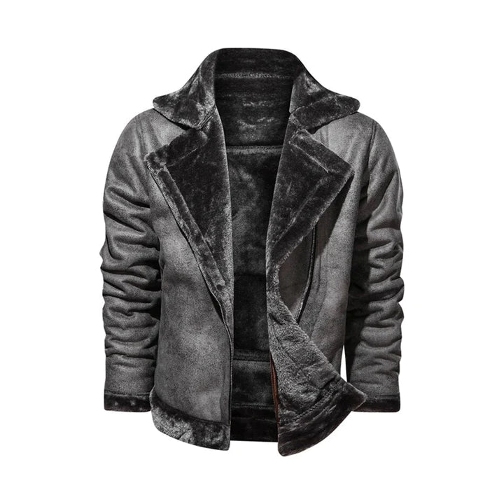 Grey Mens Turn Down Collar Genuine Leather Jacket With Cross Zipper