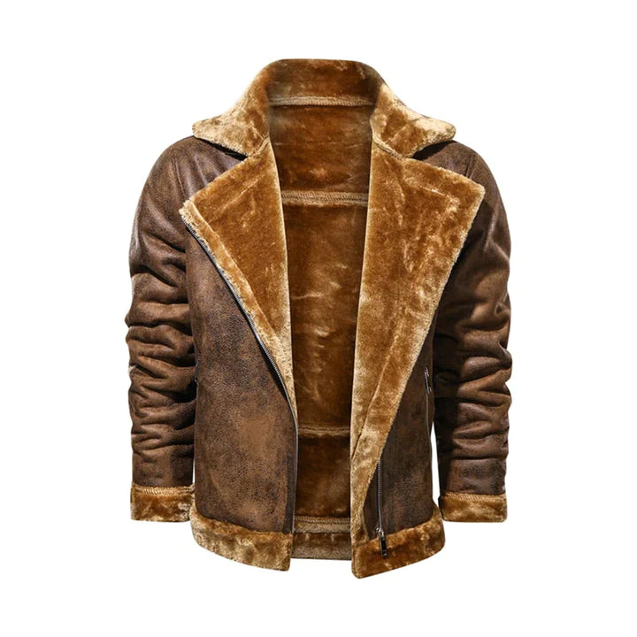 Brown Mens Turn Down Collar Genuine Leather Jacket With Cross Zipper