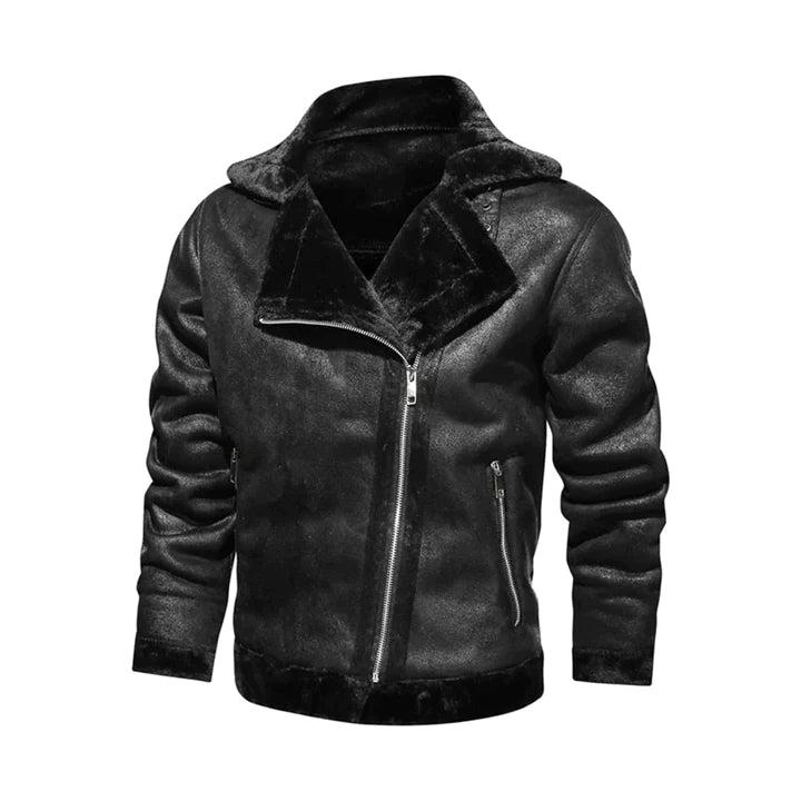 Black Mens Turn Down Collar Genuine Leather Jacket With Cross Zipper