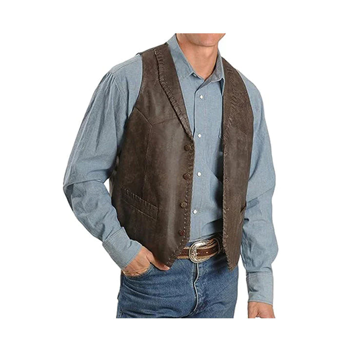 Men's Brown Whipstitch Genuine Leather Vest