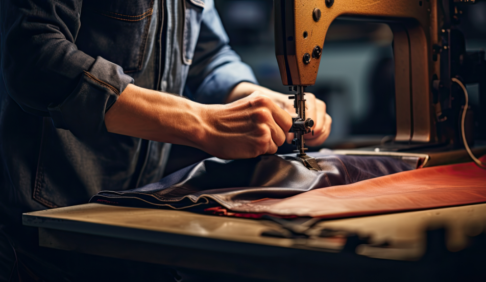 a person sewing leather on a sewing machine