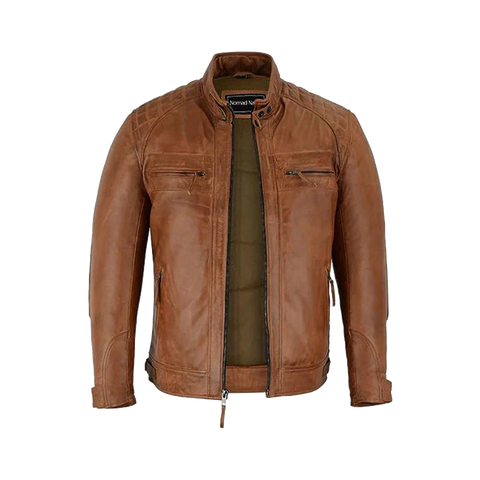 Men's Cafe Racer Waxed Lambskin Austin Brown Leather Jacket