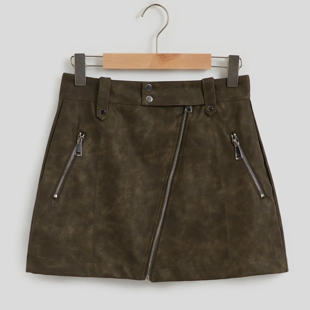 Women's Real Leather Zipper Street Style Skirt