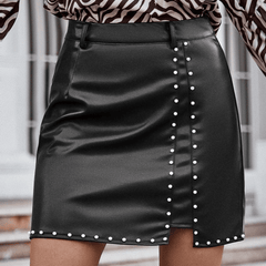 WOMEN'S PEARL STUDDED HIGH WAIST ORIGINAL LEATHER SKIRT