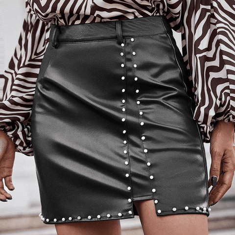 WOMEN'S PEARL STUDDED HIGH WAIST ORIGINAL LEATHER SKIRT