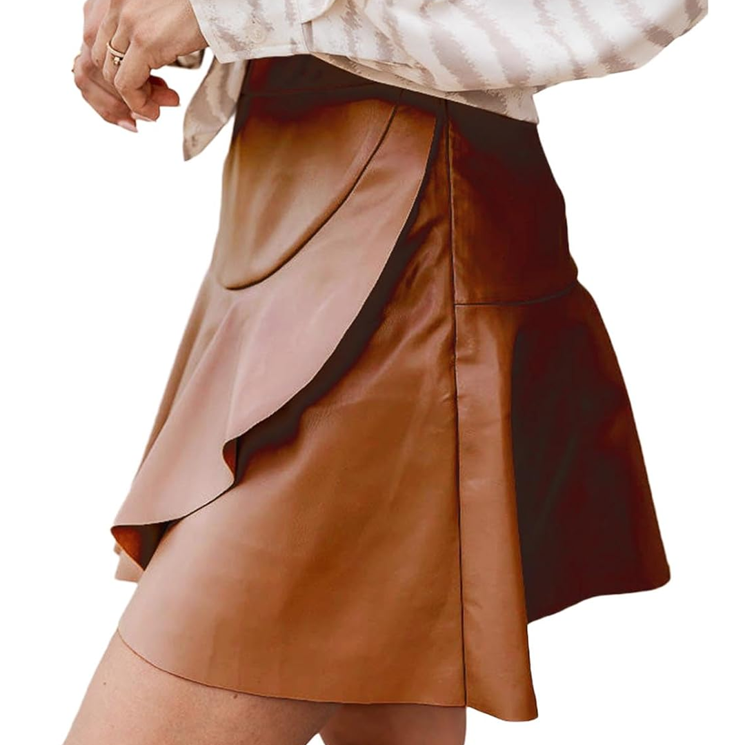 Women's Glossy Clubwear Ruffled Style Real Leather Mini Skirt