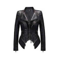 Women's Black Zipper Closure Dual Lap Collar Genuine Leather Jacket