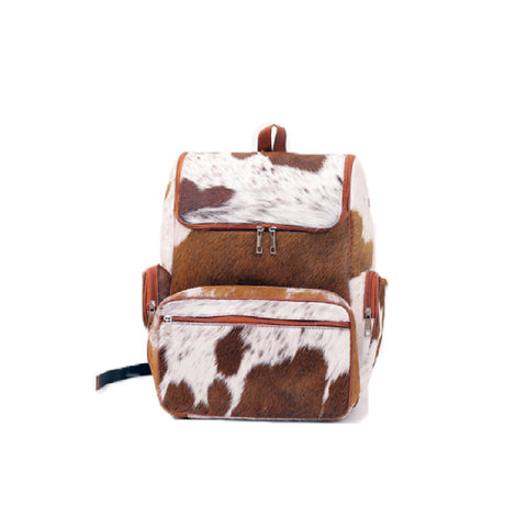 Brown and White Real Cowhide Travel Backpack