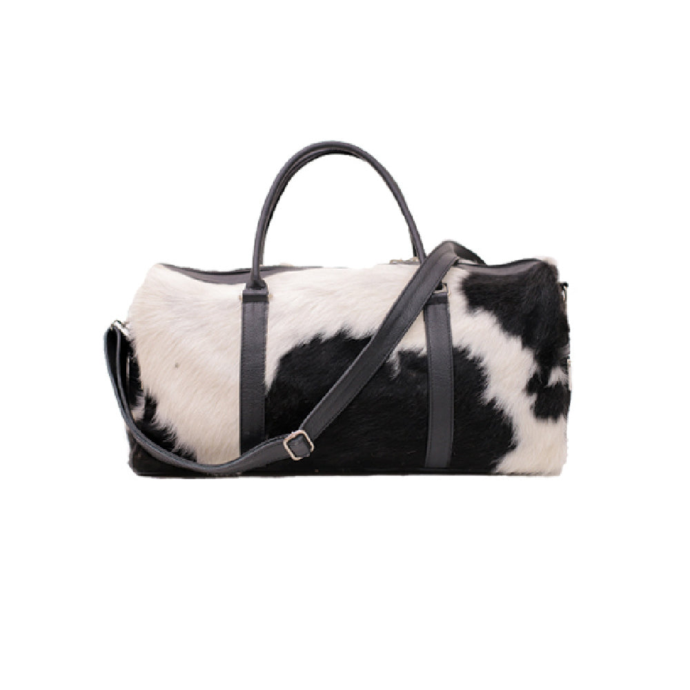 Black and White Real Cowhide Travel Duffle Bag
