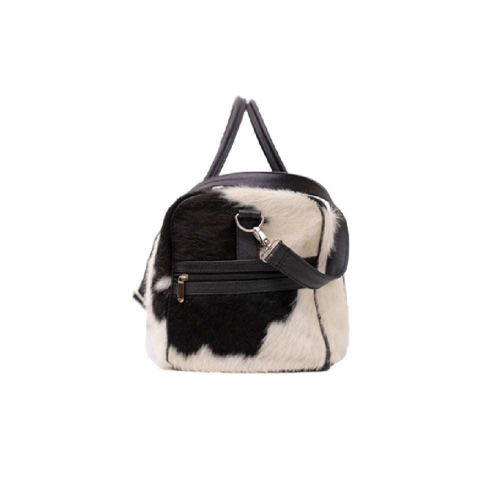 Black and White Real Cowhide Travel Duffle Bag