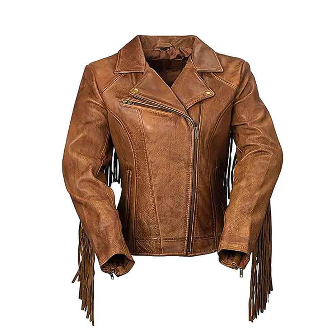 Women's Asymmetrical Fringe Style Original Leather Jacket